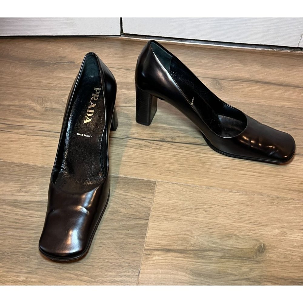 Vintage Prada Black Leather Square-Toe Block Heel Pumps Women Size 9